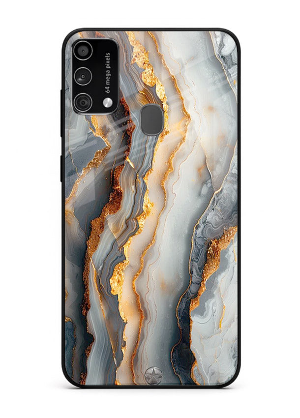 BlackGold Strata Marble Samsung F41 glass back cover with layered black marble and gold strata