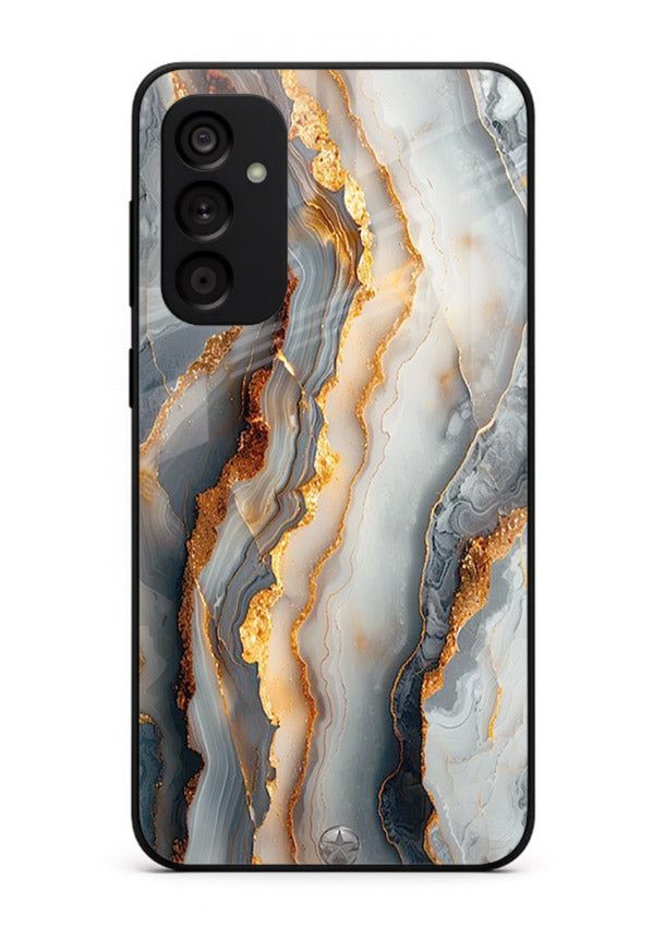 BlackGold Strata Marble Samsung A34 5G glass back cover with layered black marble and gold strata