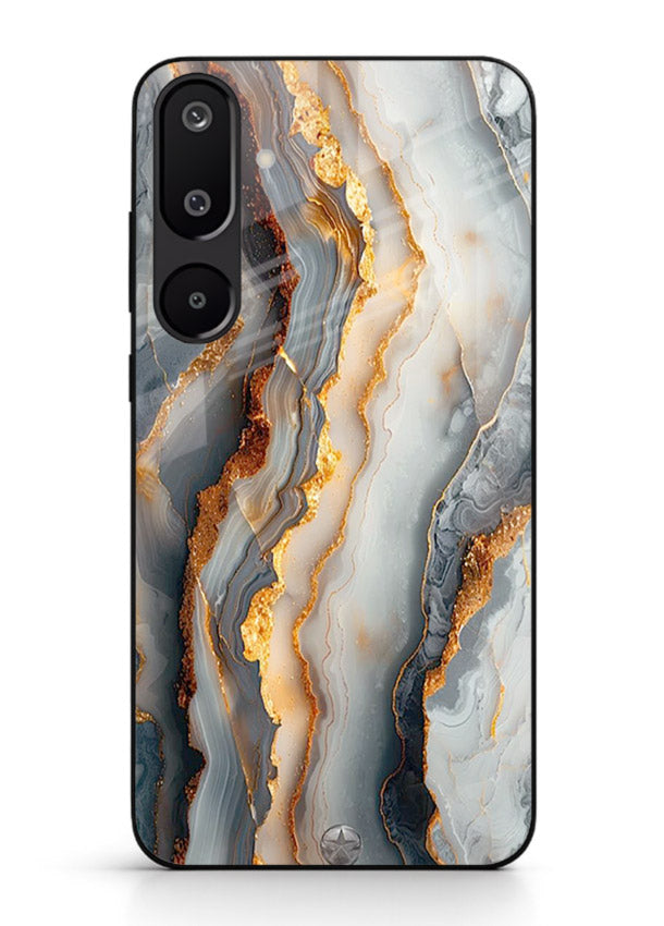 BlackGold Strata Marble Samsung M16 5G glass back cover with layered black marble and gold strata