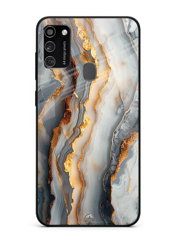 BlackGold Strata Marble Samsung M21 glass back cover with layered black marble and gold strata