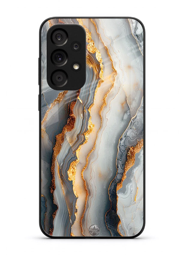 BlackGold Strata Marble Samsung A73 5G glass back cover with layered black marble and gold strata