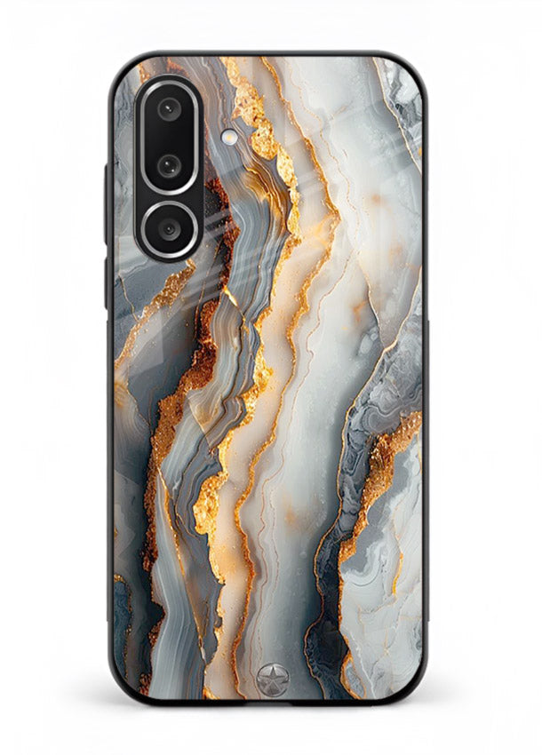 BlackGold Strata Marble Samsung F56 5G glass back cover with layered black marble and gold strata