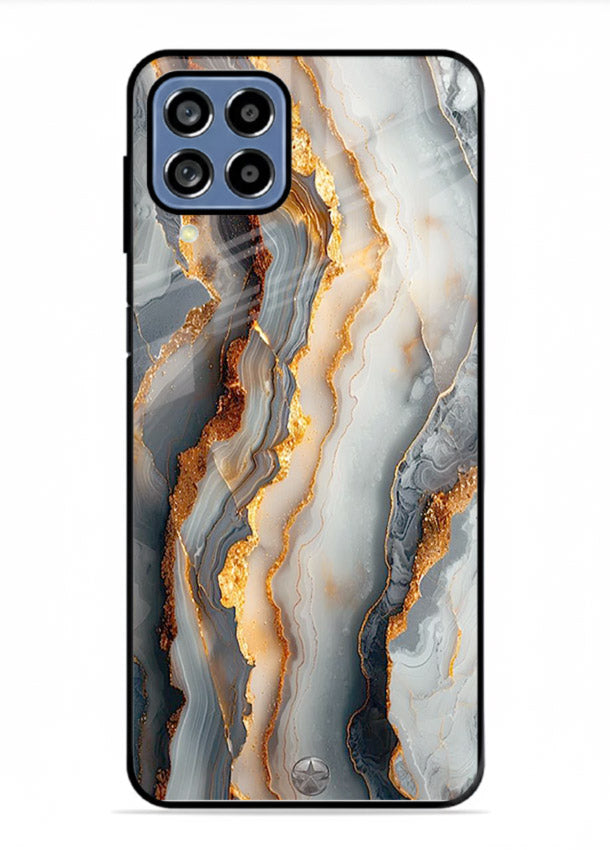 BlackGold Strata Marble Samsung F62 glass back cover with layered black marble and gold strata