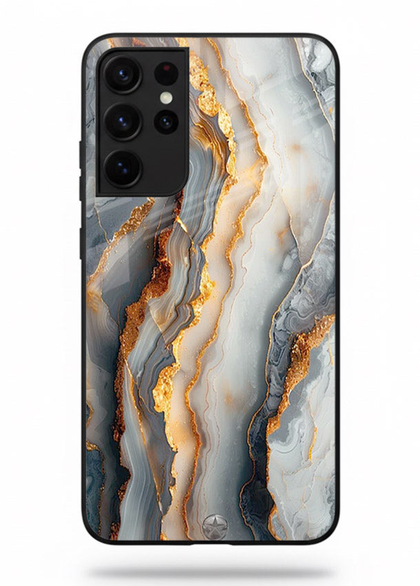 BlackGold Strata Marble Samsung S21 Ultra glass back cover with layered black marble and gold strata