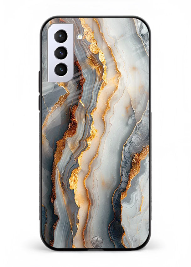 BlackGold Strata Marble Samsung S21 FE glass back cover with layered black marble and gold strata