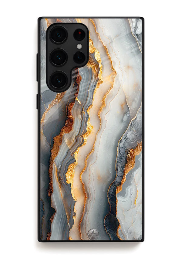 BlackGold Strata Marble Samsung S22 Ultra glass back cover with layered black marble and gold strata