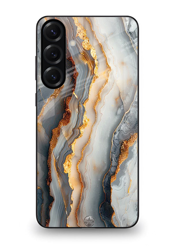 BlackGold Strata Marble Samsung A16 5G glass back cover with layered black marble and gold strata