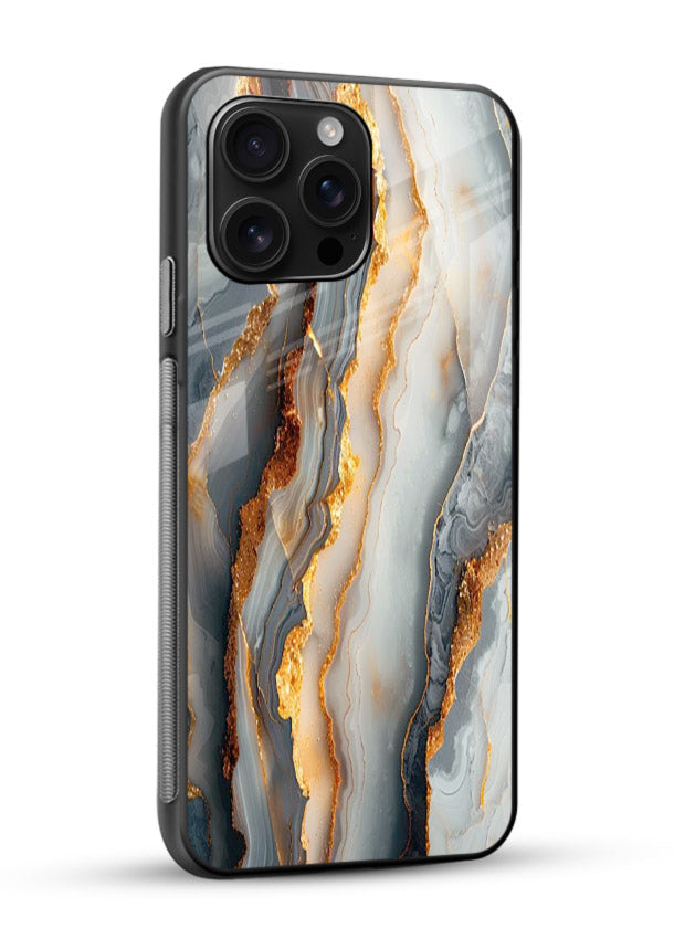 BlackGold Strata Marble glossy vibrant premium glass back cover with layered black marble and gold strata - Angle Side