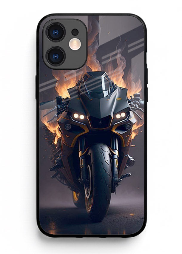 Flaming superbike design printed on premium tempered glass iPhone 11 back cover