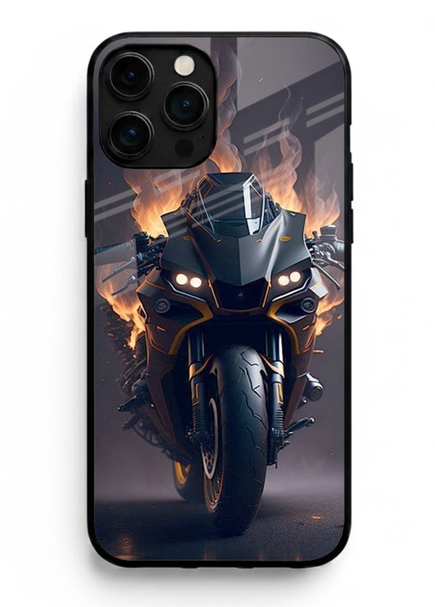 Flaming superbike design printed on premium tempered glass iPhone 16 Pro Max back cover