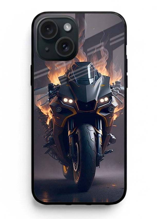 Flaming superbike design printed on premium tempered glass iPhone 15 Plus back cover