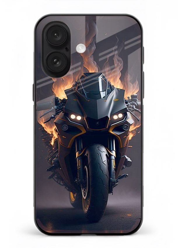 Flaming superbike design printed on premium tempered glass iPhone 18 back cover