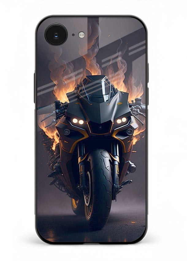 Flaming superbike design printed on premium tempered glass iPhone 16E back cover