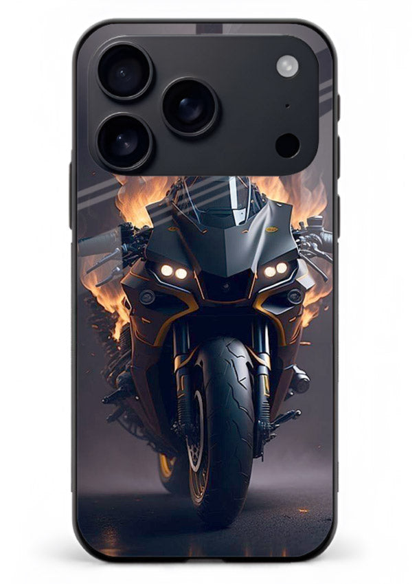 Flaming superbike design printed on premium tempered glass iPhone 18 Pro Max back cover