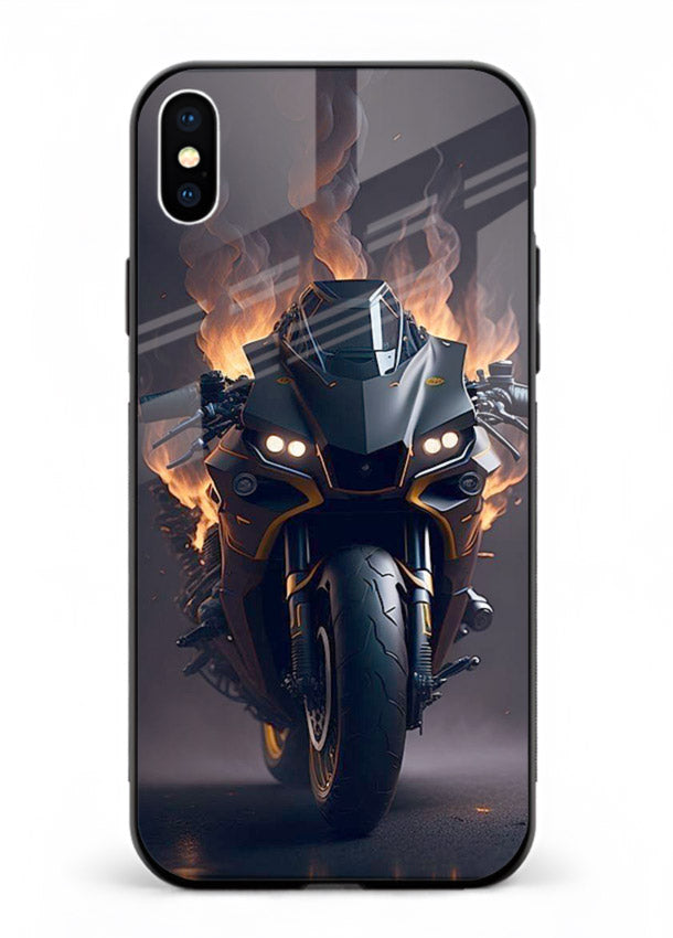 Flaming superbike design printed on premium tempered glass iPhone XS Max back cover