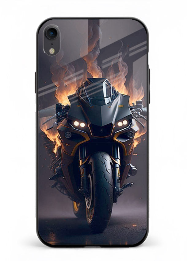 Flaming superbike design printed on premium tempered glass iPhone XR back cover