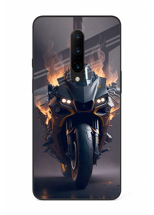 Flaming superbike design printed on premium tempered glass OnePlus 8 back cover