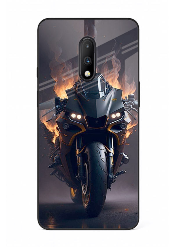 Flaming superbike design printed on premium tempered glass OnePlus 7 back cover