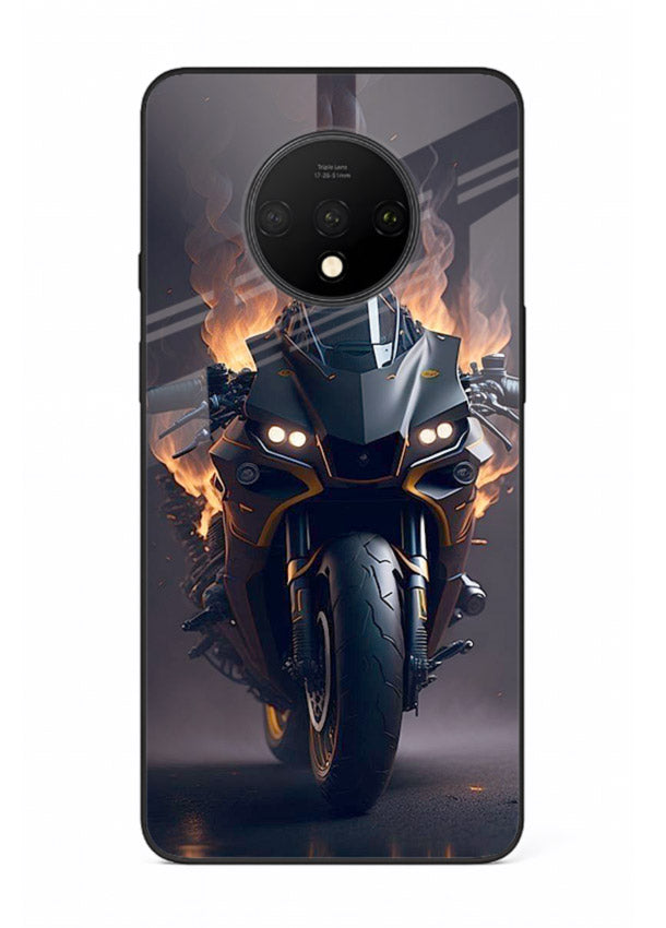 Flaming superbike design printed on premium tempered glass OnePlus 7T back cover
