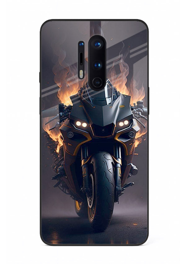 Flaming superbike design printed on premium tempered glass OnePlus 8 Pro back cover