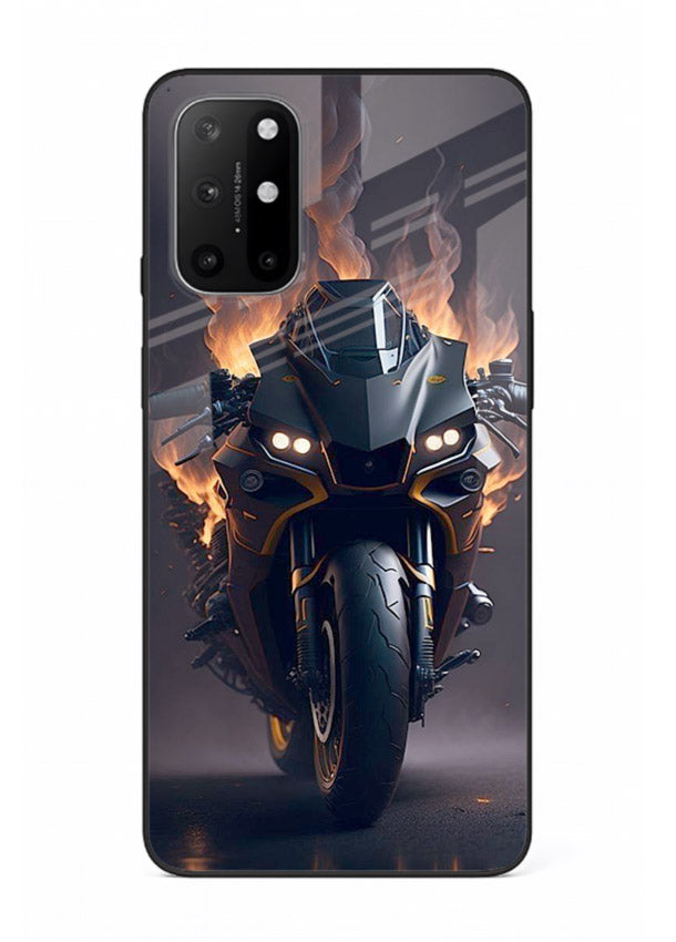 Flaming superbike design printed on premium tempered glass OnePlus 8T back cover