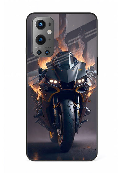 Flaming superbike design printed on premium tempered glass OnePlus 9 back cover