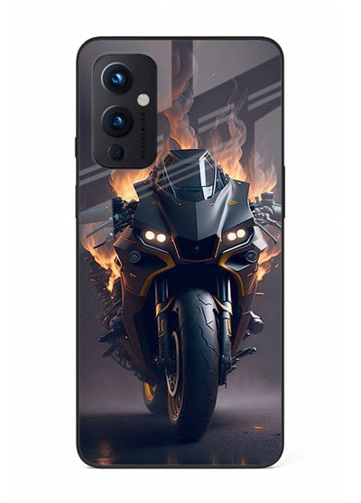Flaming superbike design printed on premium tempered glass OnePlus 9 Pro back cover