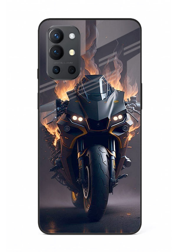 Flaming superbike design printed on premium tempered glass OnePlus 9R back cover