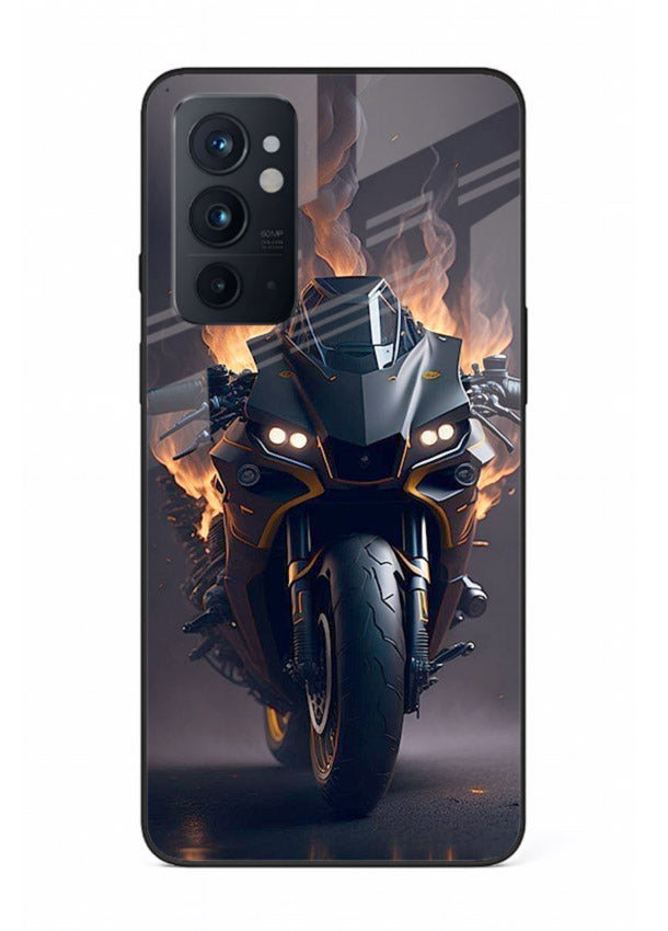 Flaming superbike design printed on premium tempered glass OnePlus 9RT back cover