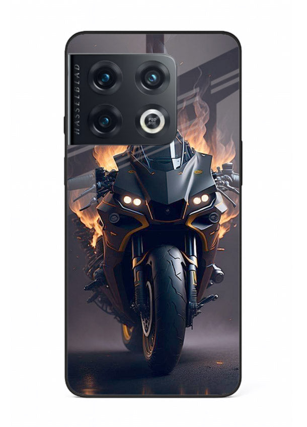 Flaming superbike design printed on premium tempered glass OnePlus 10 Pro back cover