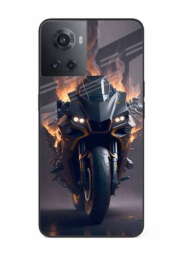 Flaming superbike design printed on premium tempered glass OnePlus 10R back cover