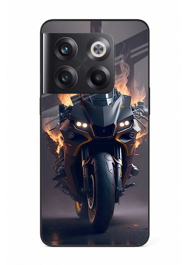 Flaming superbike design printed on premium tempered glass OnePlus 10T back cover