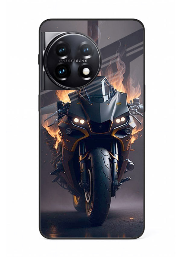 Flaming superbike design printed on premium tempered glass OnePlus 11 back cover