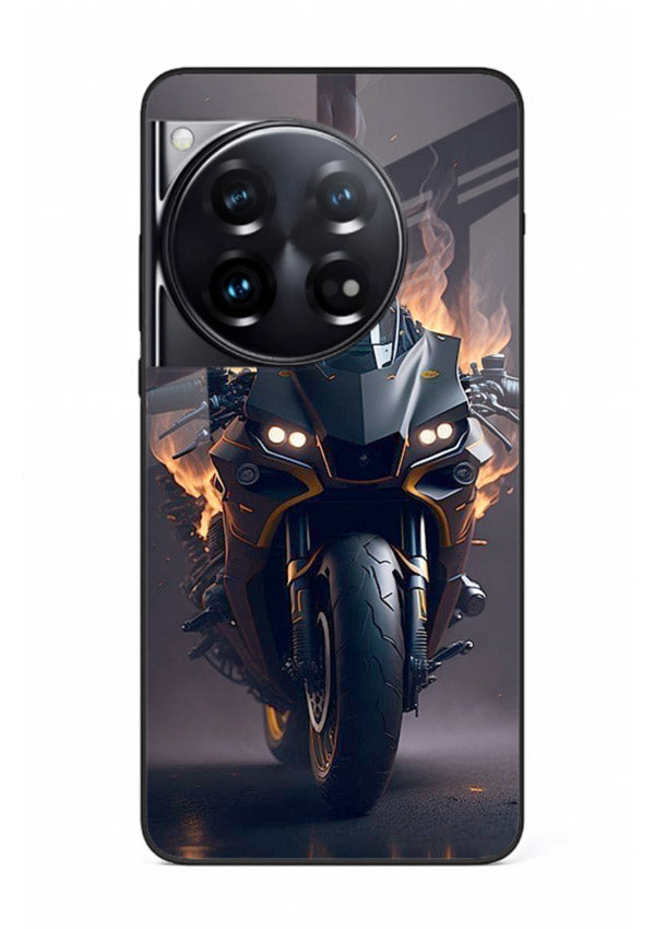 Flaming superbike design printed on premium tempered glass OnePlus 12 back cover