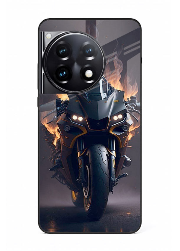Flaming superbike design printed on premium tempered glass OnePlus 12R back cover