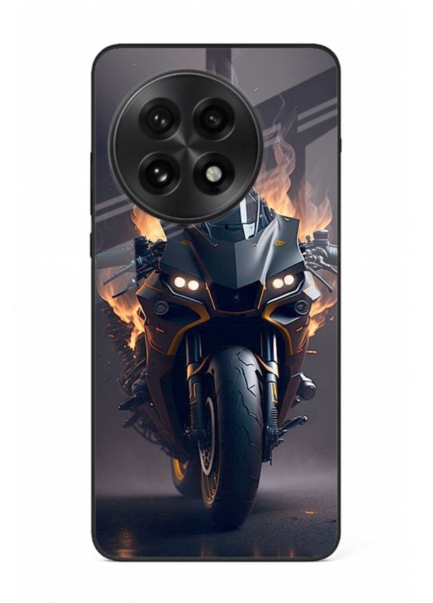 Flaming superbike design printed on premium tempered glass OnePlus 13R back cover