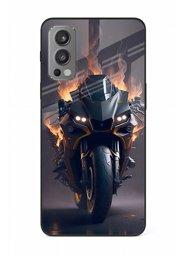 Flaming superbike design printed on premium tempered glass OnePlus Nord 2 back cover