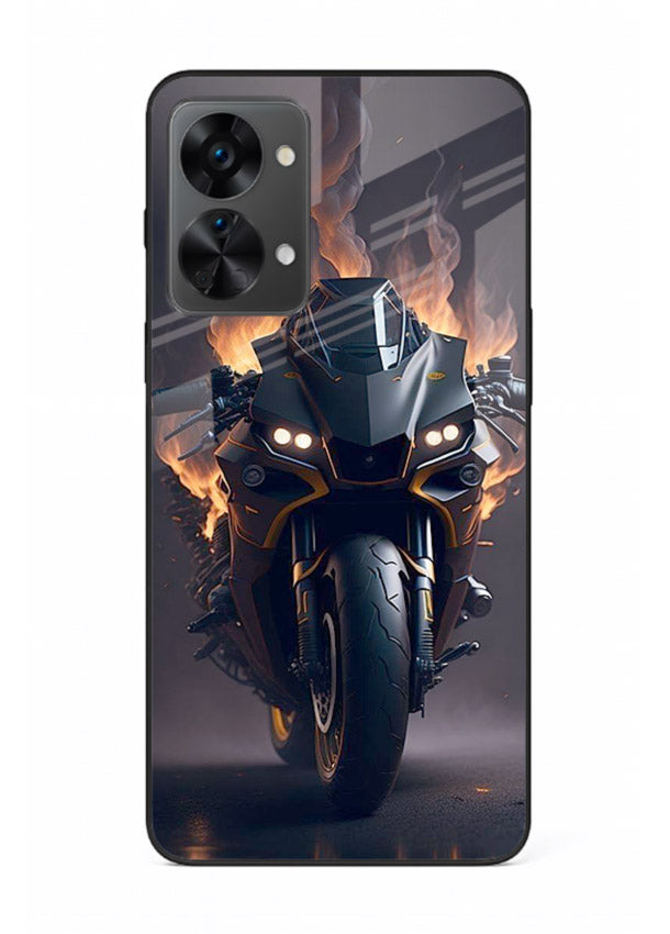 Flaming superbike design printed on premium tempered glass OnePlus Nord 2T back cover