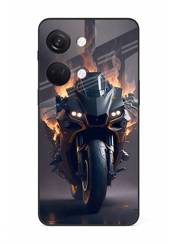 Flaming superbike design printed on premium tempered glass OnePlus Nord 3 back cover