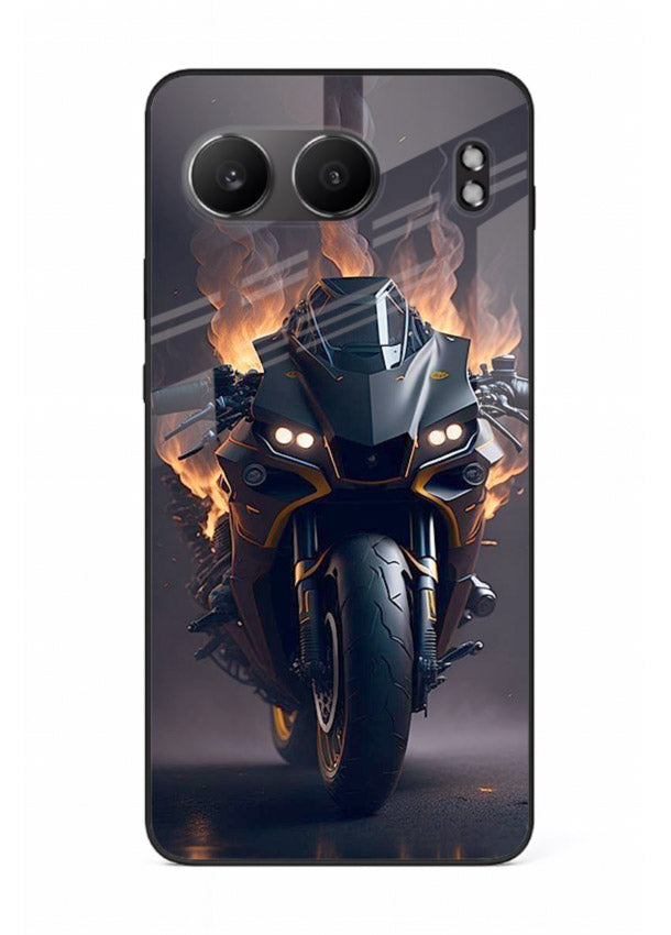 Flaming superbike design printed on premium tempered glass OnePlus Nord 4 back cover