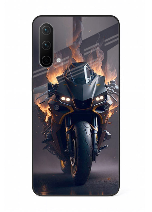Flaming superbike design printed on premium tempered glass OnePlus Nord CE 5G back cover