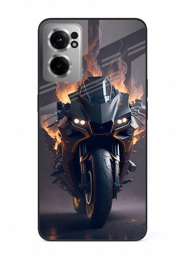 Flaming superbike design printed on premium tempered glass OnePlus Nord CE2 5G back cover