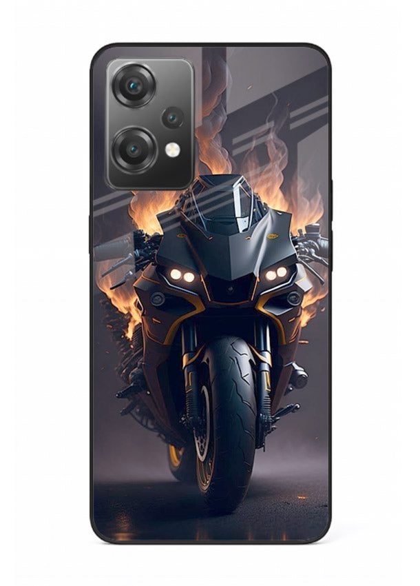 Flaming superbike design printed on premium tempered glass OnePlus Nord CE2 Lite 5G back cover
