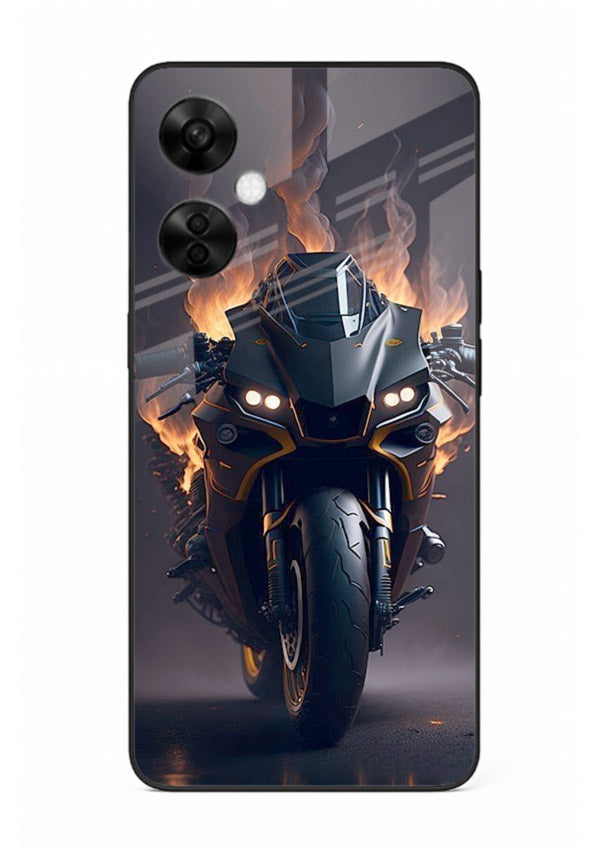 Flaming superbike design printed on premium tempered glass OnePlus Nord CE3 Lite back cover