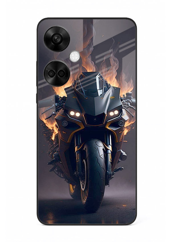 Flaming superbike design printed on premium tempered glass OnePlus Nord CE3 back cover
