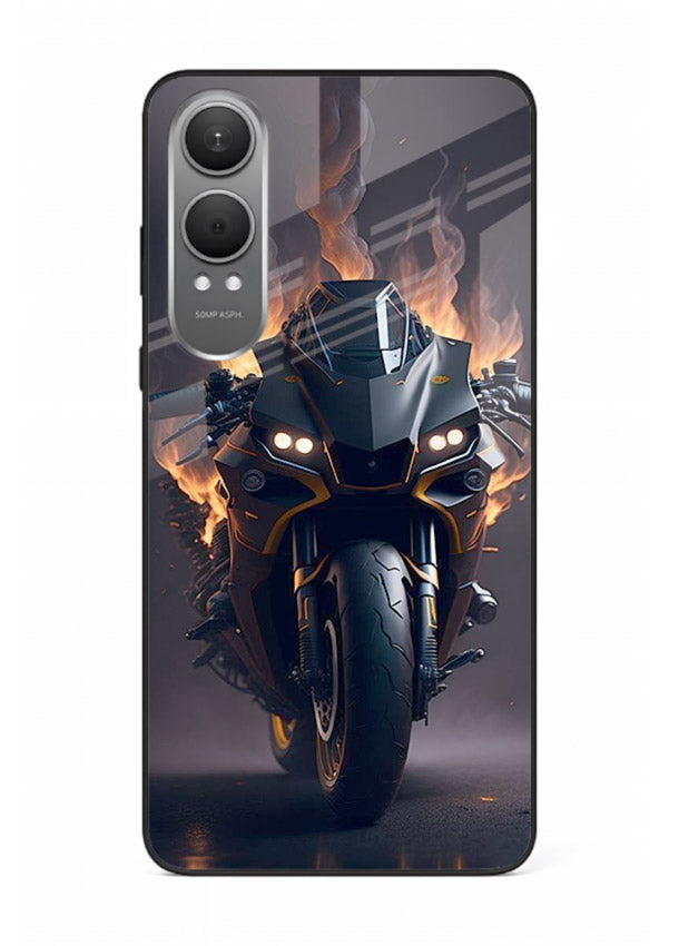 Flaming superbike design printed on premium tempered glass OnePlus Nord CE4 Lite back cover