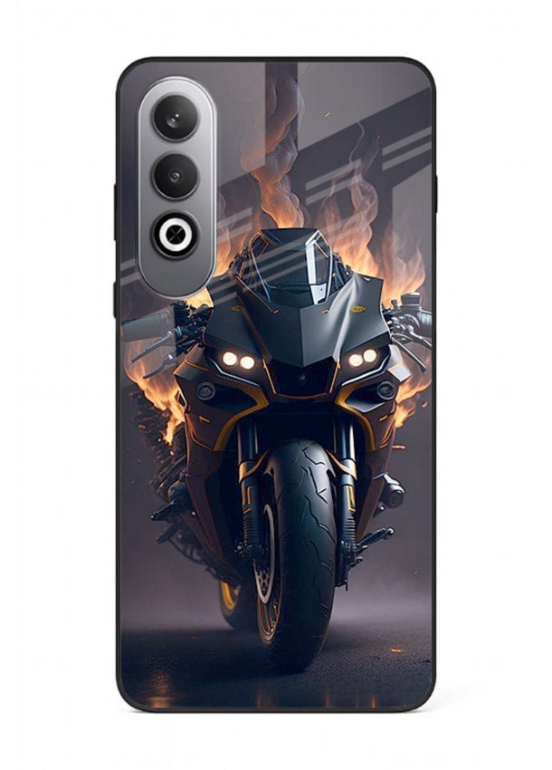 Flaming superbike design printed on premium tempered glass OnePlus Nord CE4 back cover