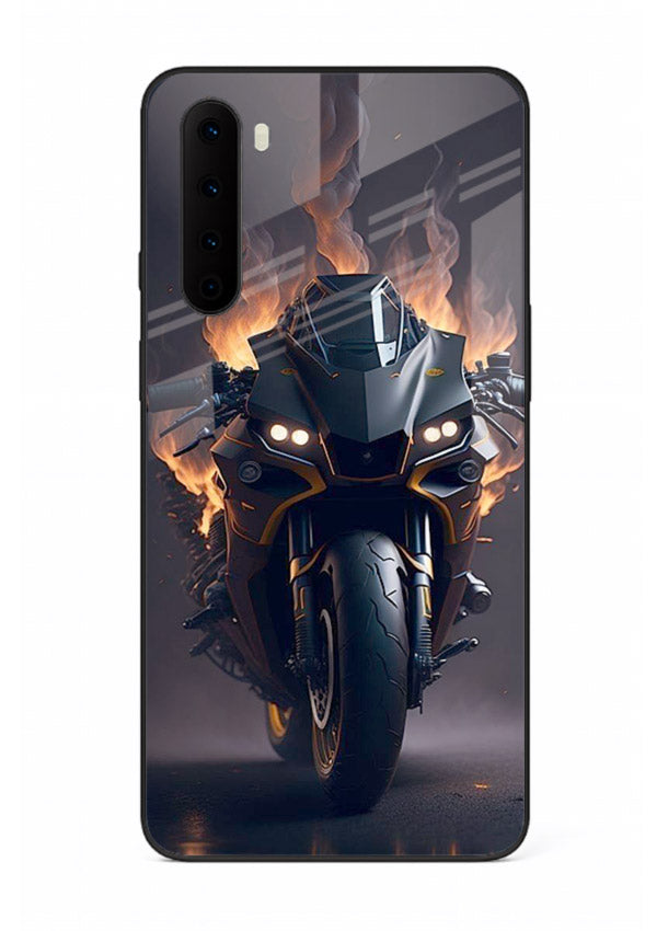 Flaming superbike design printed on premium tempered glass OnePlus Nord back cover