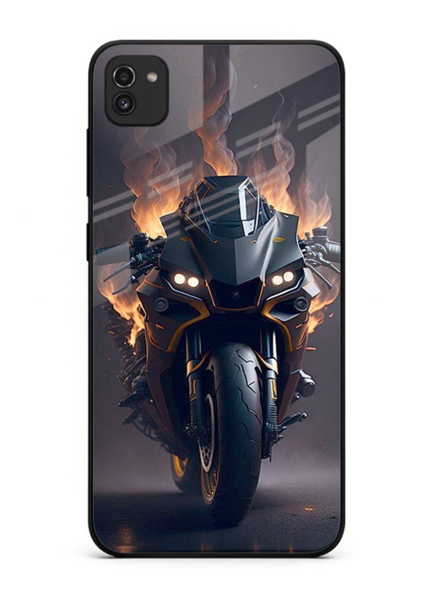 Flaming superbike design printed on premium tempered glass Samsung A03 back cover