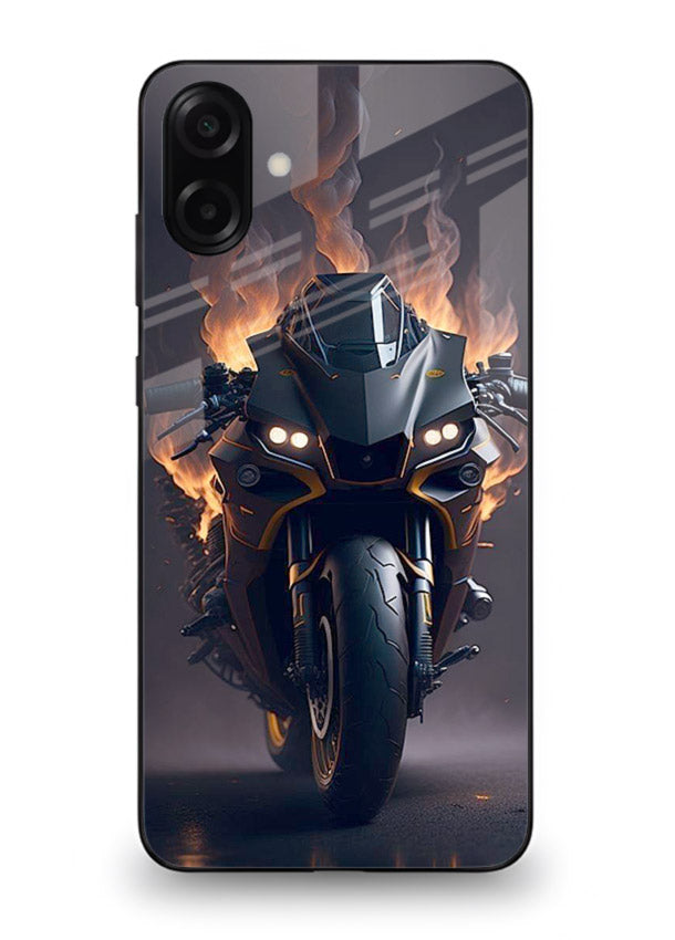 Flaming superbike design printed on premium tempered glass Samsung A06 5G back cover